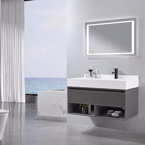 ベストセラーグッドプライスデザイン壁掛け洗面化粧台PVCバスルームキャビネットLEDミラーとサイドキャビネット付き